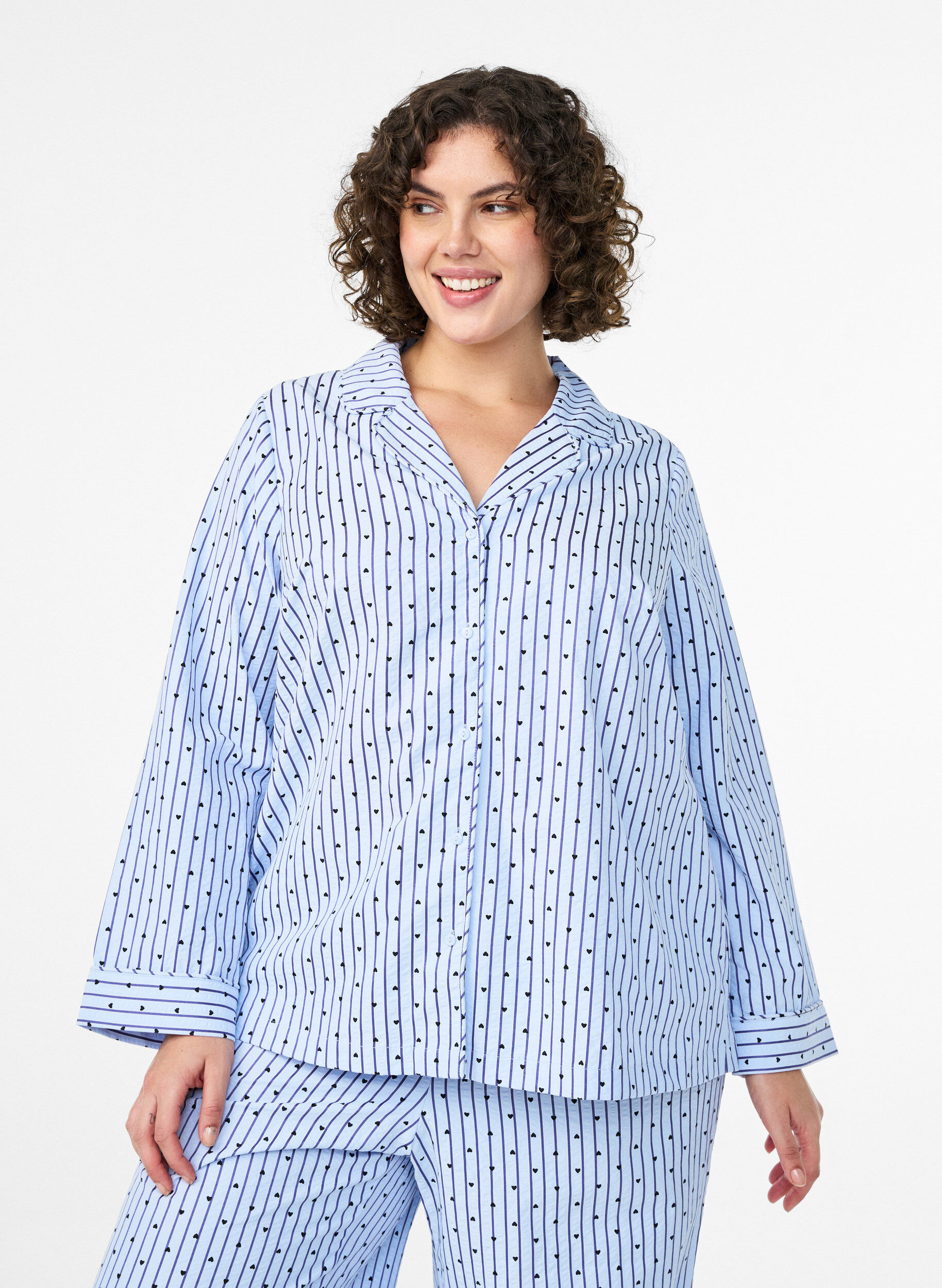 Seersucker pyjama shirt with long sleeves, Light Blue, Model