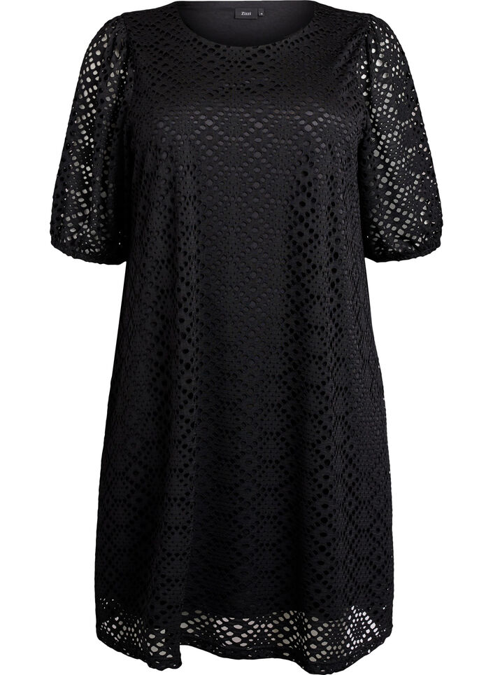 Knee-length dress with eyelet pattern and short sleeves, Black, Packshot image number 0