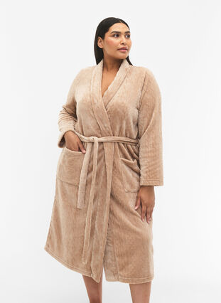 Dressing gown with pockets - Beige - Sz. 40-64 - Zizzifashion Dressing gown with pockets - Beige - Sz. 40-64 - Zizzifashion