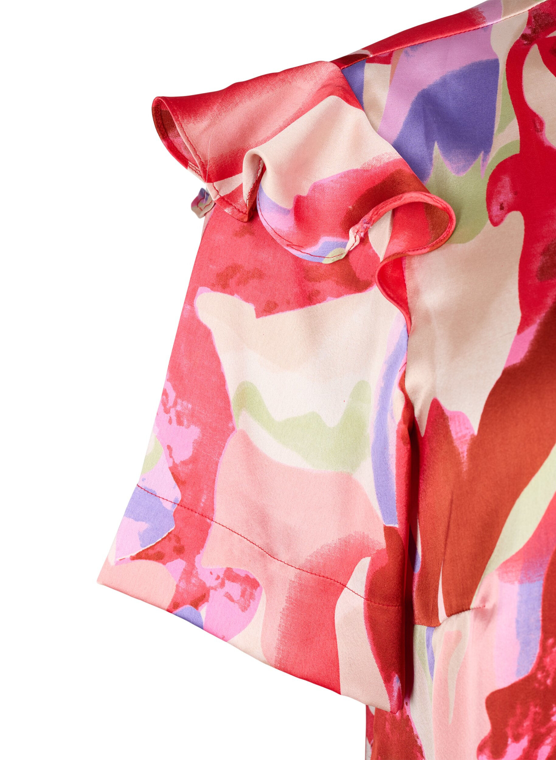 Zizzifashion Satin shirt blouse with print and ruffle details, Geranium Graphic AOP, Packshot image number 3