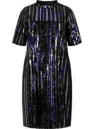 Short sleeved sequin dress with slit, Evening Blue Stripe , Packshot