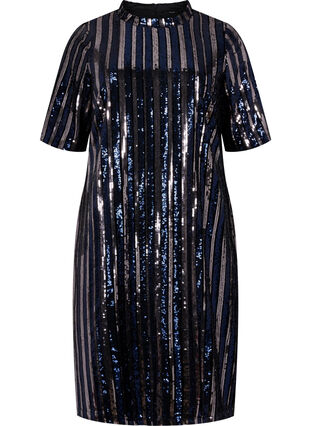 Short sleeved sequin dress with slit, Evening Blue Stripe , Packshot image number 0