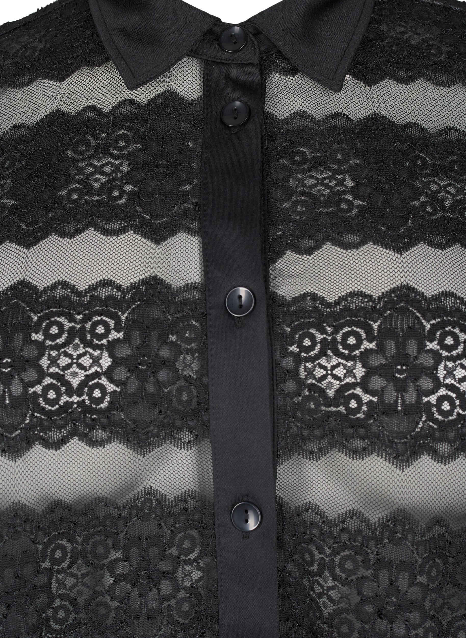 Zizzifashion Loose shirt with lace and sheer mesh, Black, Packshot image number 2