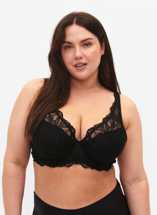 Padded lace bra with underwire, Black, Model image number 0