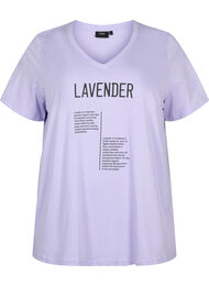 Cotton t-shirt with v-neck and text, Lavender w. Text, Packshot