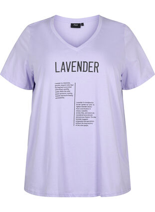 Cotton t-shirt with v-neck and text, Lavender w. Text, Packshot image number 0