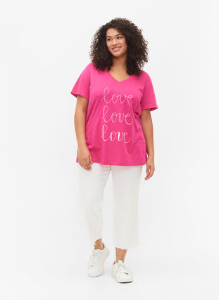 Cotton t-shirt with v-neck and print, Fuchsia Purple Love, Model image number 2