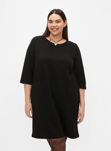 Dress with texture and 3/4 sleeves, Black, Model image number 0