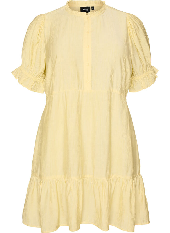 Short viscose dress with ruffle details, Yellow, Packshot image number 0