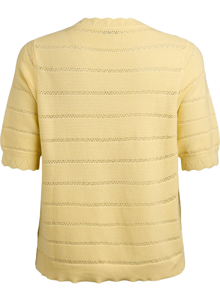 Knitted blouse with a striped openwork pattern and short sleeves, Yellow, Packshot image number 1