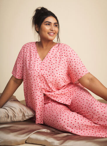 Loose viscose pyjama bottoms with print, Pink Icing W. hearts, Image image number 0