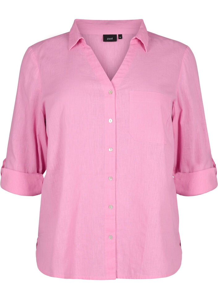 Shirt blouse with button closure in cotton-linen blend, Rosebloom, Packshot image number 0