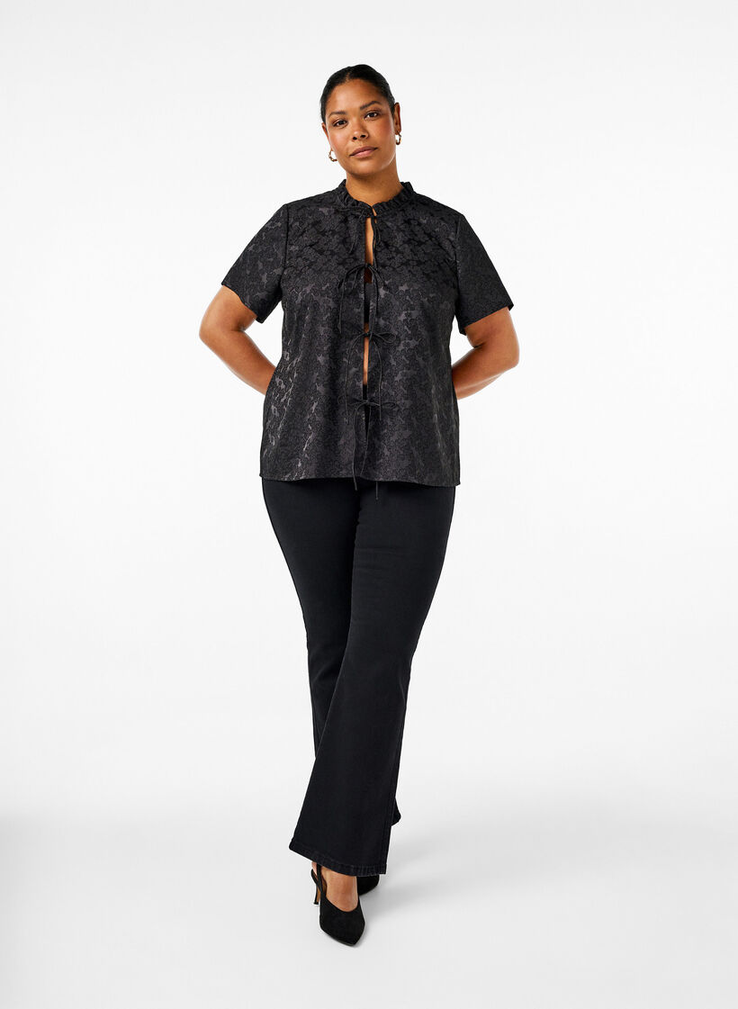 Short-sleeved jacquard blouse with ties, Black, Model image number 1