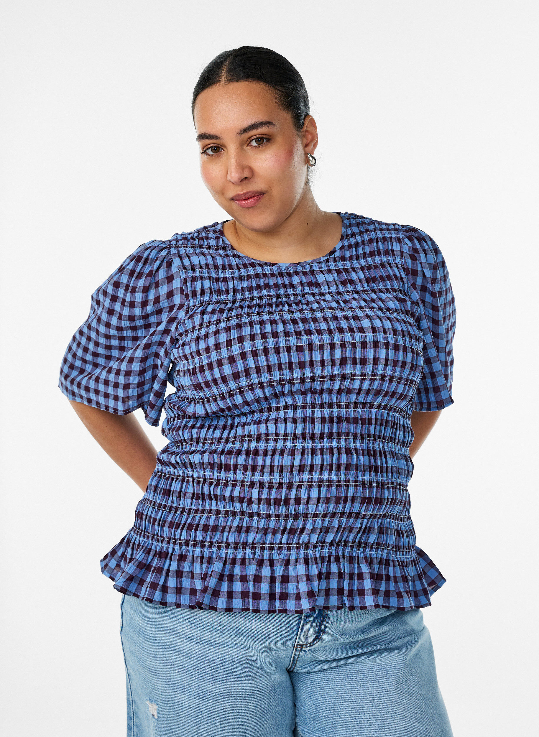 ZizzifashionSmock blouse with gingham check and ruffle hem, Blue, Model image number 0
