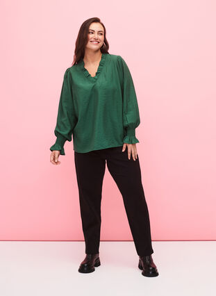 Long-sleeved viscose blouse with ruffle details, Hunter Green, Model image number 2