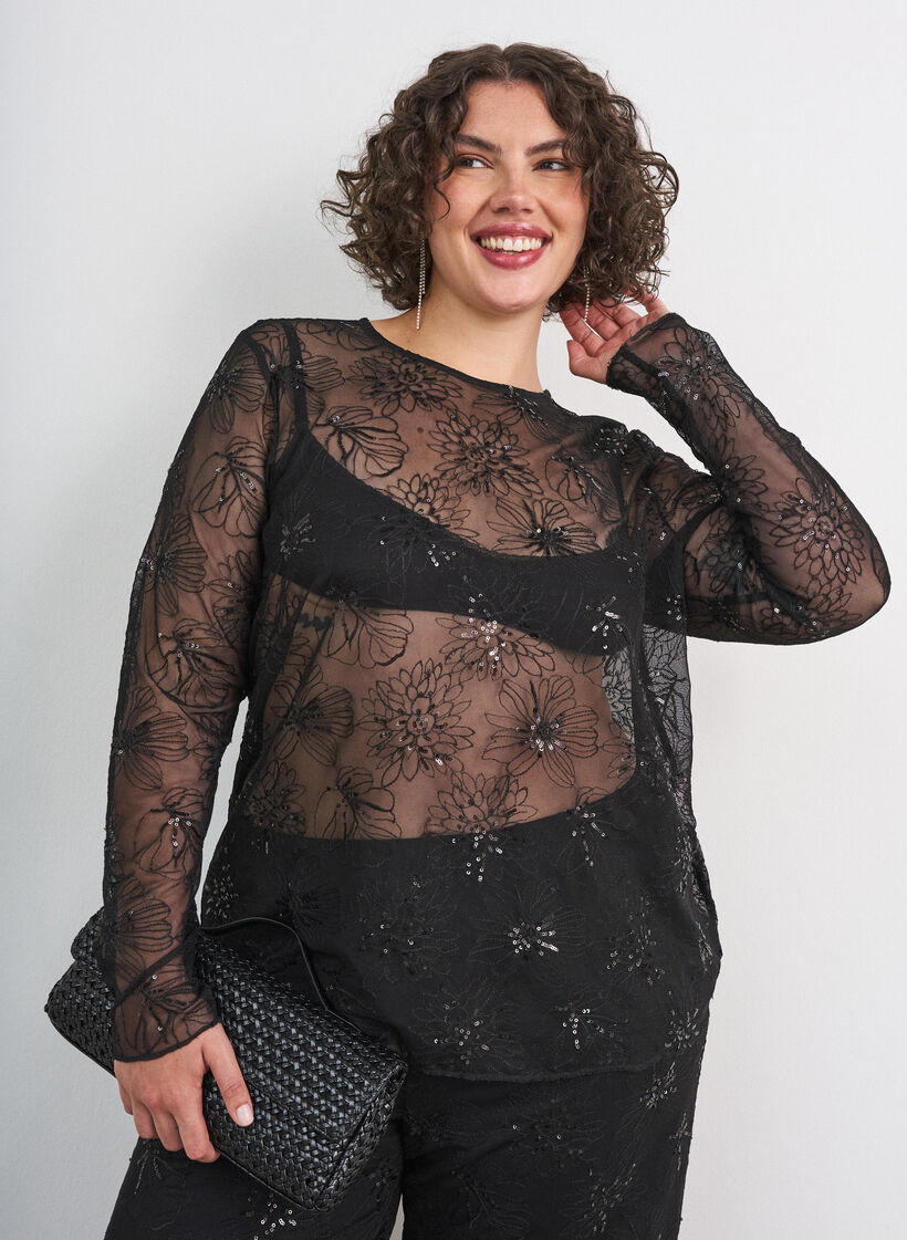 Mesh blouse with flowers and sequins, Black, Model image number 0