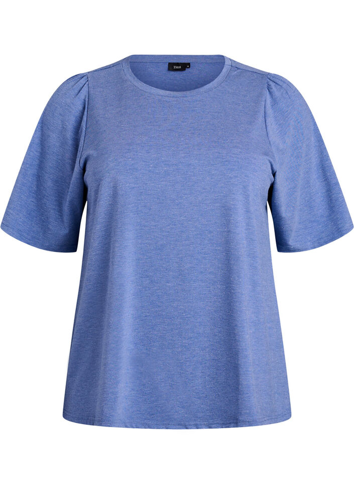 T-shirt with glitter and short puff sleeves, Blue, Packshot image number 0