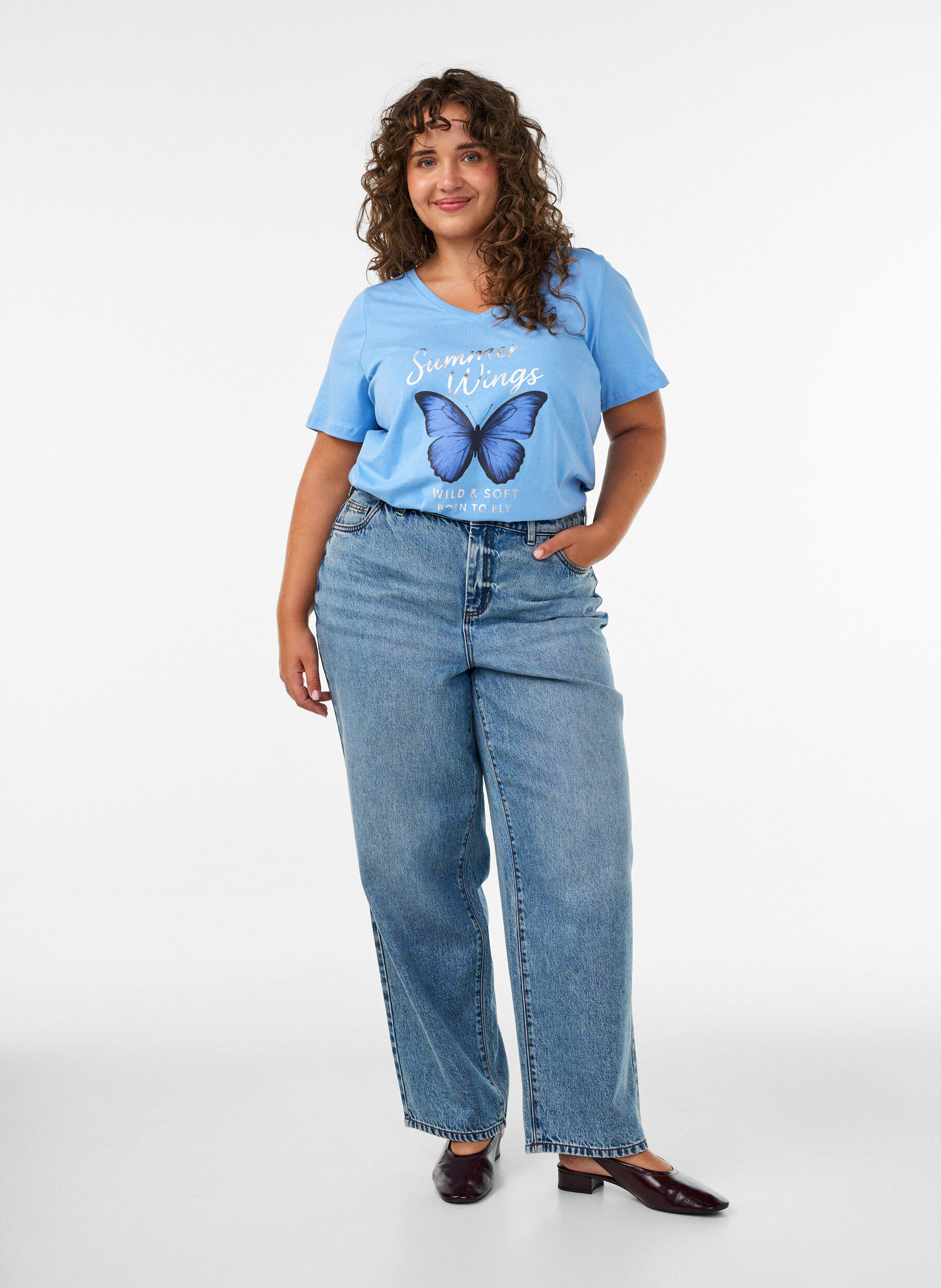ZizzifashionCotton T-shirt with front print and V-neck, Light Blue, Model image number 1