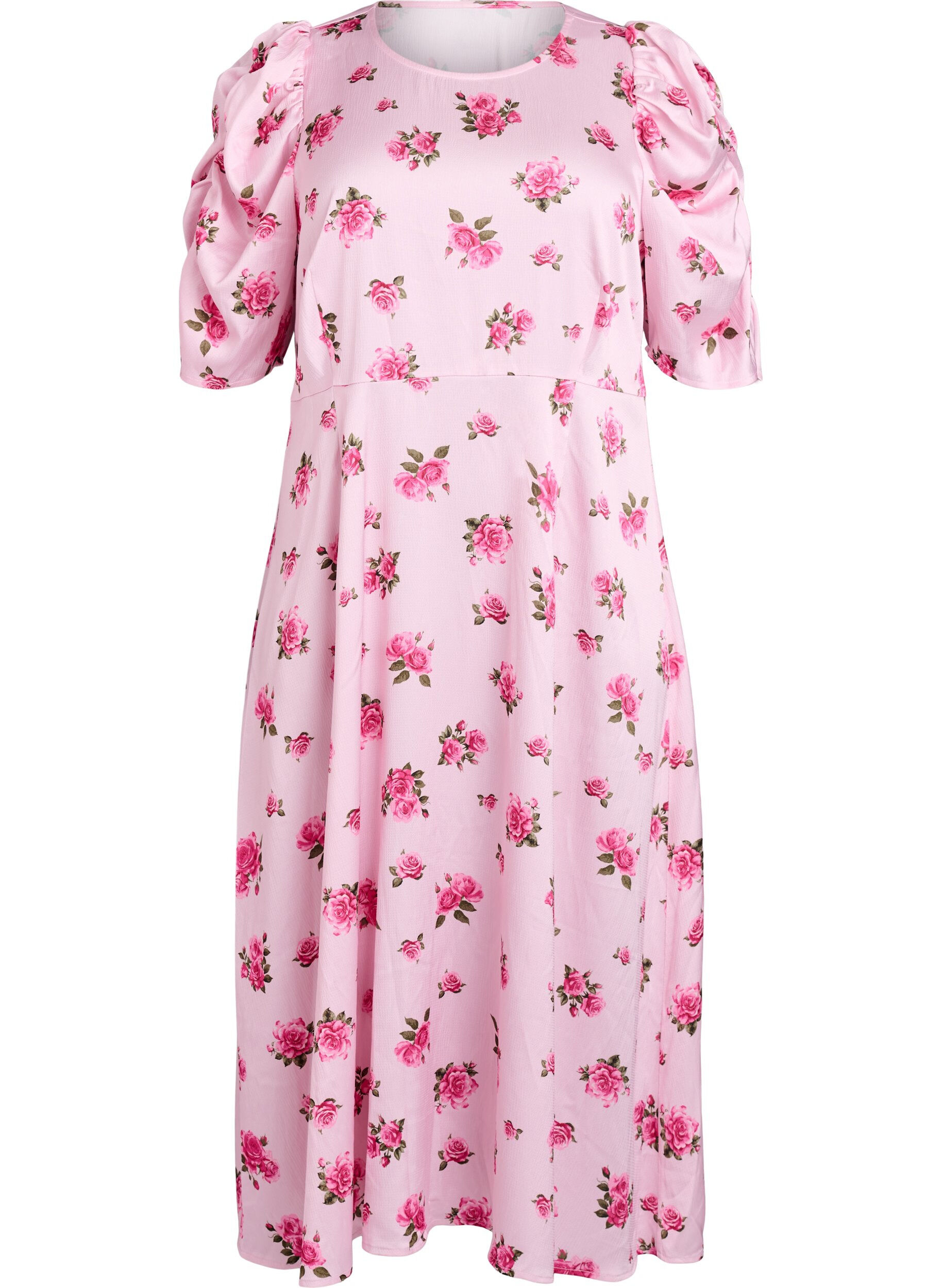 ZizzifashionFloral midi dress with puff sleeves, Pink, Packshot image number 0