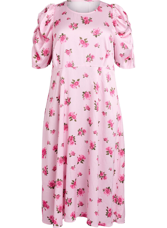 Floral midi dress with puff sleeves, Pink, Packshot image number 0