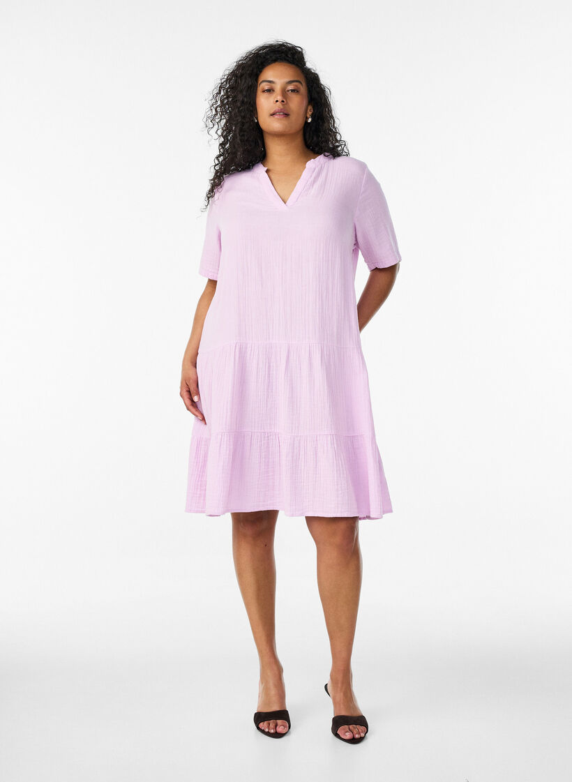 Short A-line dress in cotton muslin, Purple, Model image number 1
