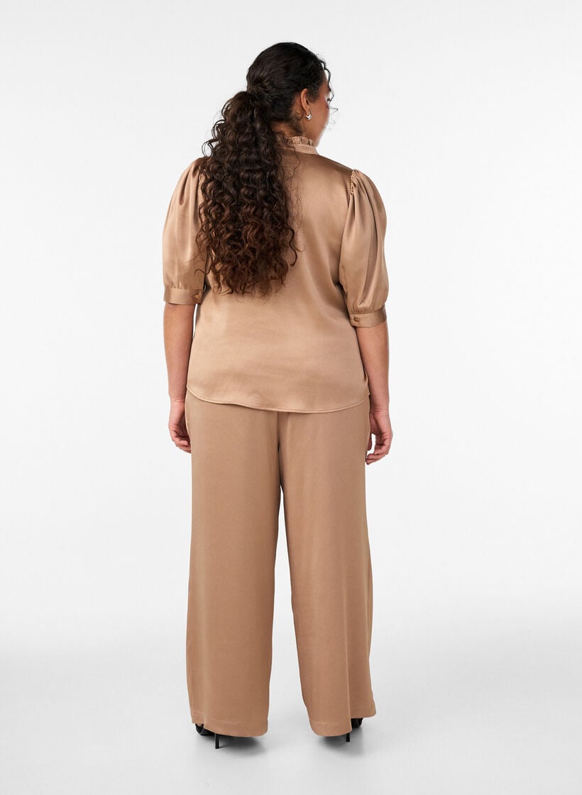 Satin-look trousers with wide, straight legs, Brown, Model image number 1