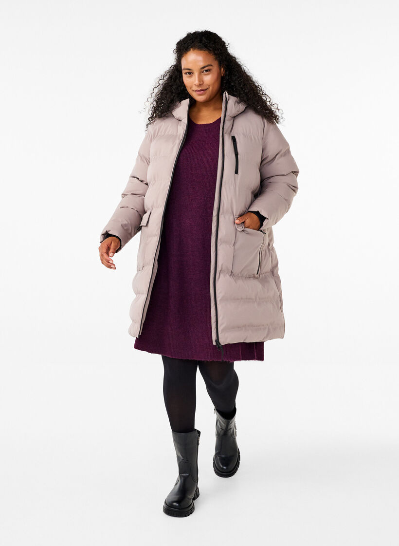 Puffer coat with hood and pockets, Beige, Model image number 1
