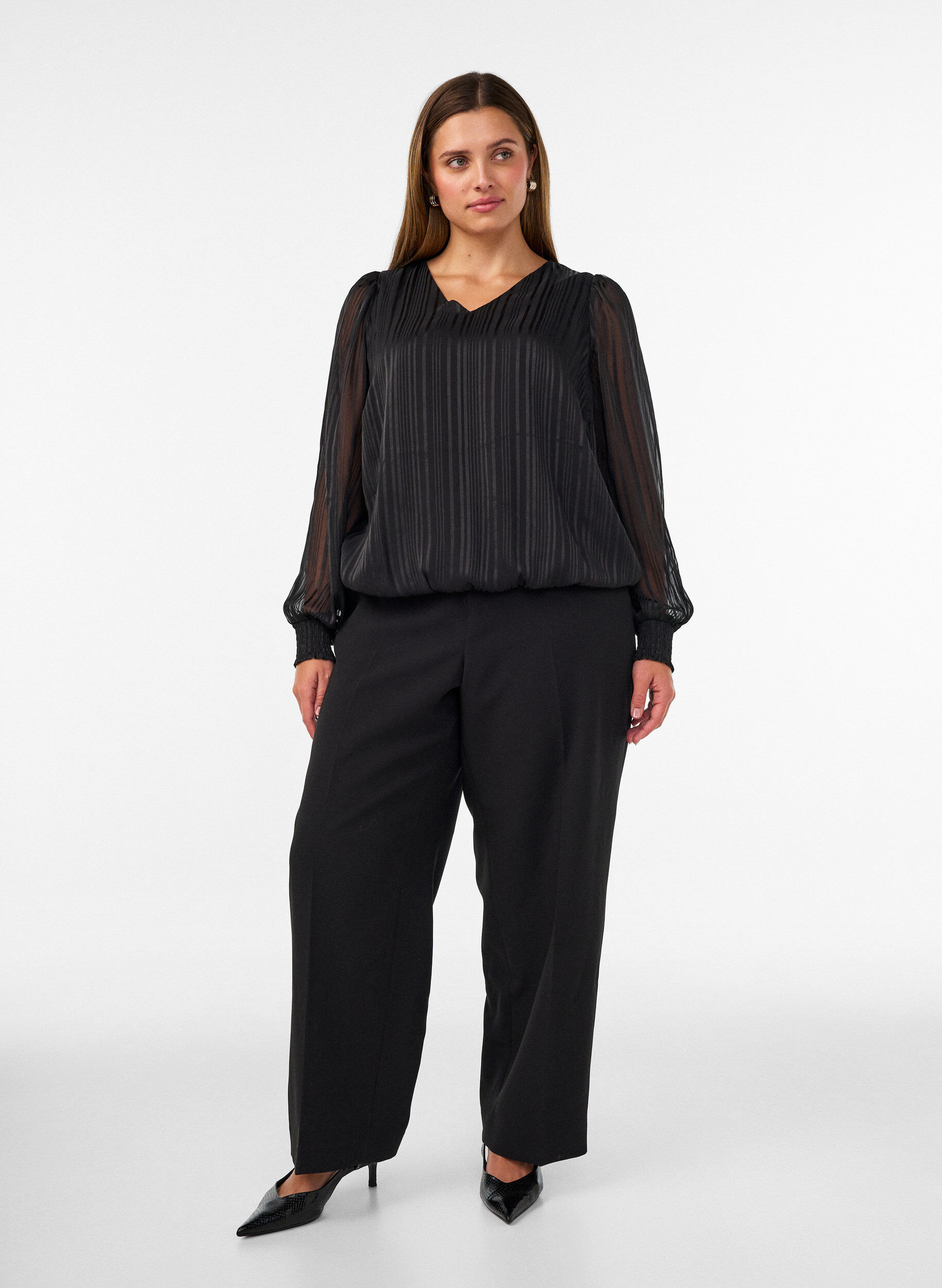 ZizzifashionStriped blouse with a balloon shape, Black, Model image number 1