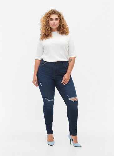 Super slim Amy jeans with destroy and high waist, Dark blue, Model image number 0