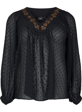 Dotted V-neck blouse with pearls, Black w. Cobber, Packshot image number 0