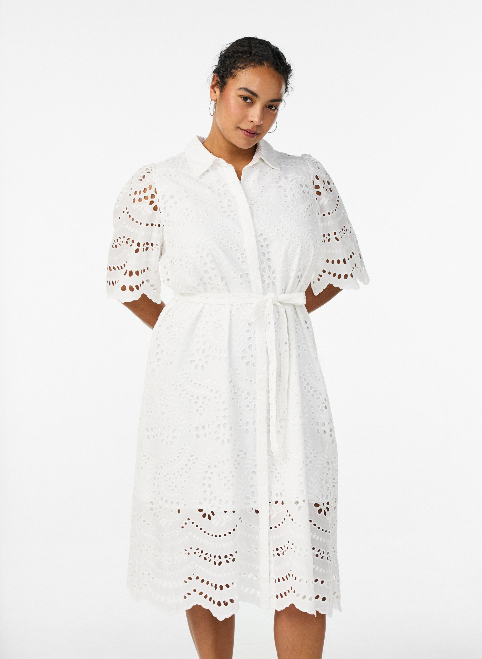 ZizzifashionShirt dress in broderie anglaise with a tie-belt, White, Model image number 0