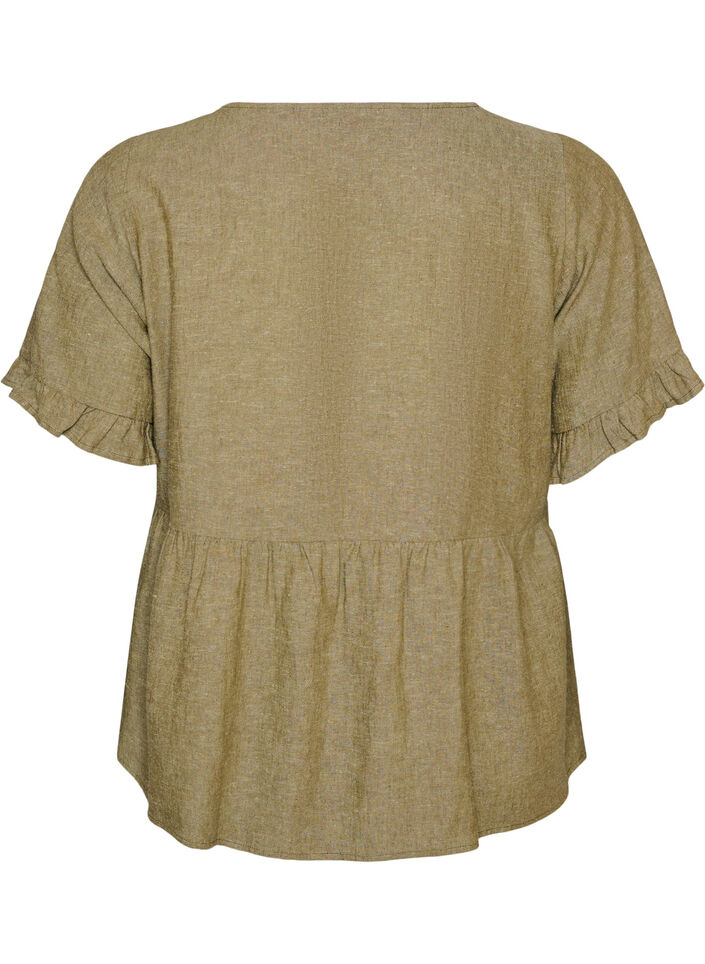 Blouse in linen and viscose with a V-neck and button fastening, Green, Packshot image number 1