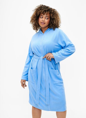 Morning robe with zipper and hood, Della Robbia Blue, Model image number 0