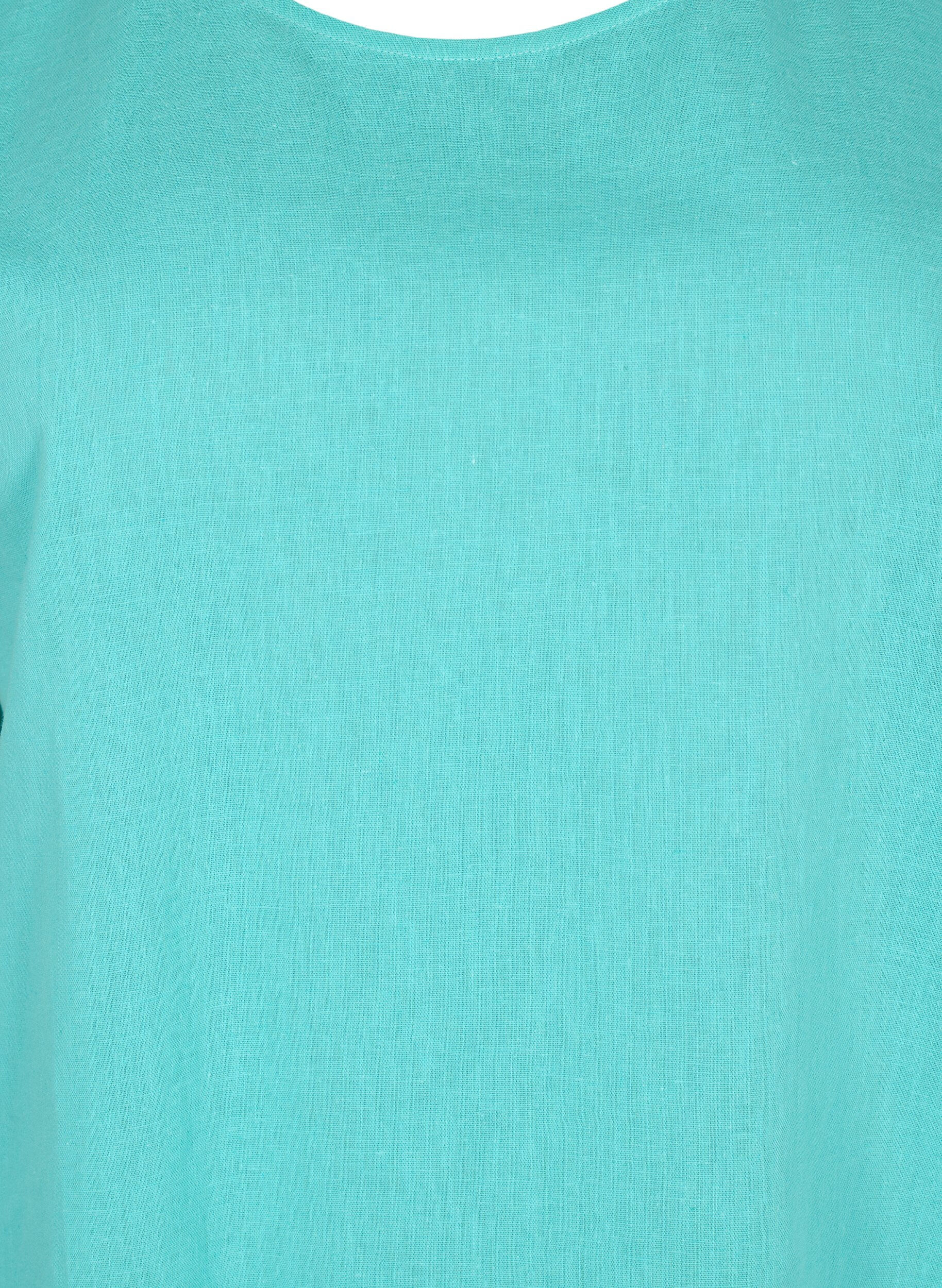 Zizzifashion Short-sleeved blouse in cotton blend with linen, Turquoise, Packshot image number 2