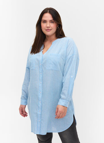 Striped shirt in 100% cotton, Lichen Blue Stripe , Model image number 0