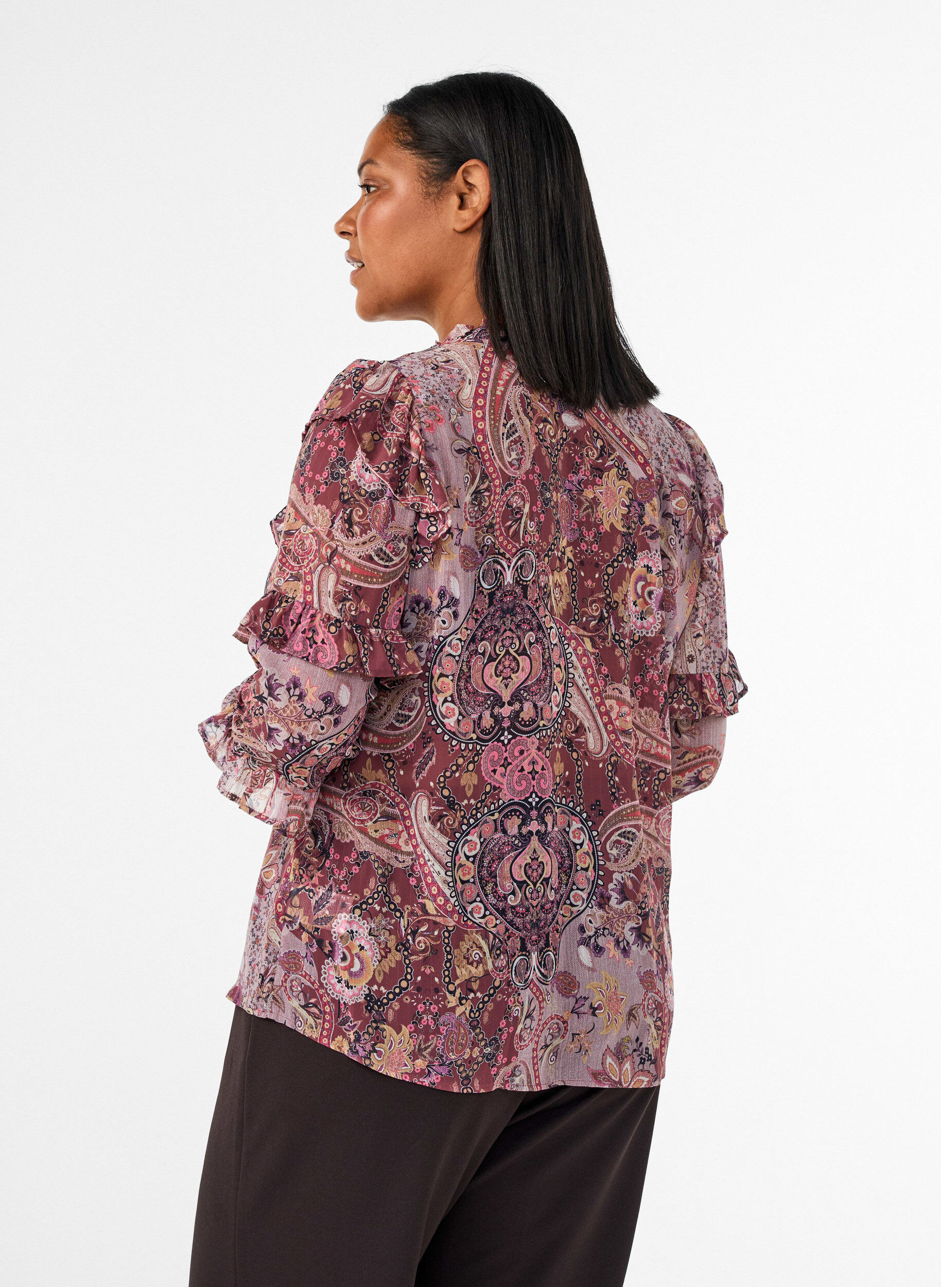 ZizzifashionBlouse with paisley print and ruffle details, Purple, Model image number 2