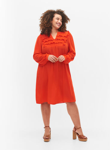 Long sleeve dress with ruffles, Orange.com, Model image number 2