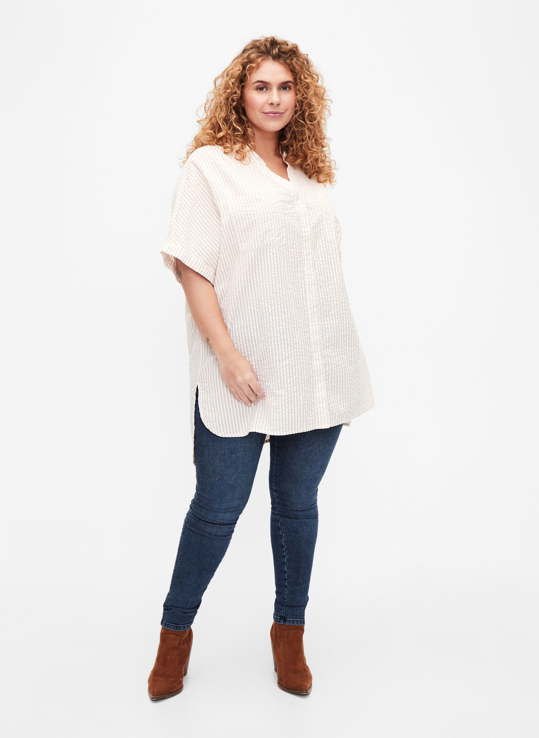 Zizzifashion Striped shirt with chest pockets, Natrual/S. Stripe, Model image number 2