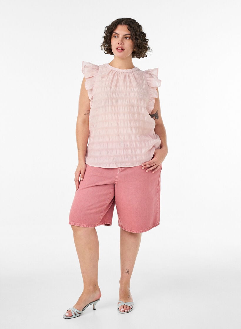Sleeveless blouse with texture and ruffles, Rose, Model image number 1