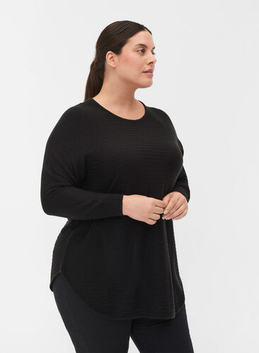 Knit blouse with texture and round neckline, Black, Model image number 0