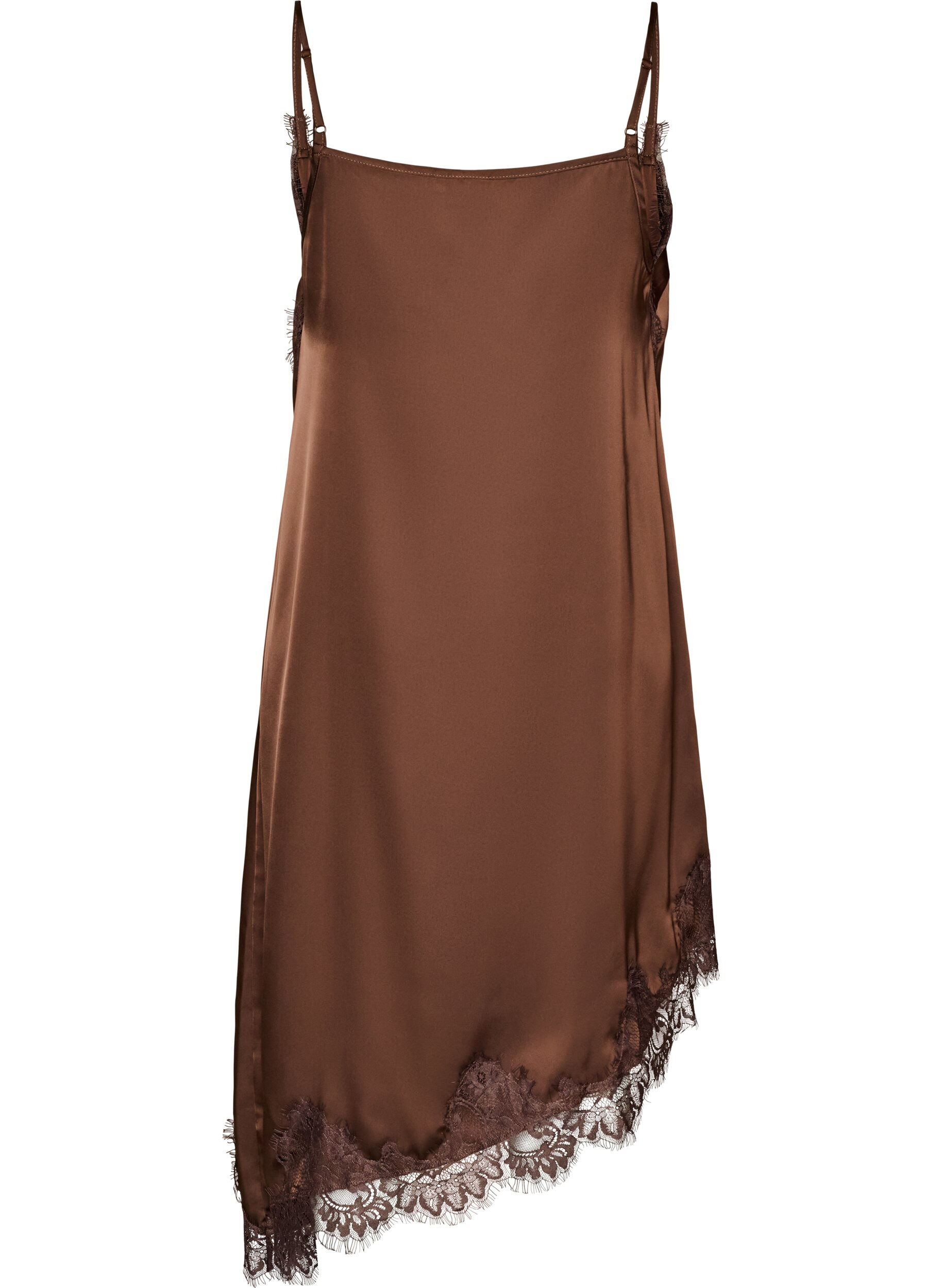 ZizzifashionSatin dress with lace and an asymmetrical hem, Brown, Packshot image number 1