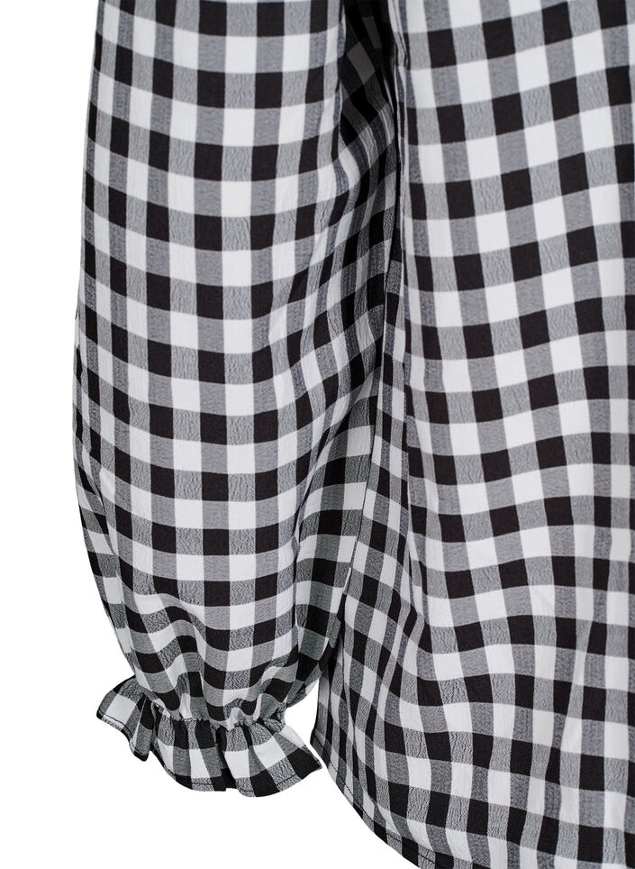 Checked shirt blouse with ruffle details, Black/W. Gingham, Packshot image number 3