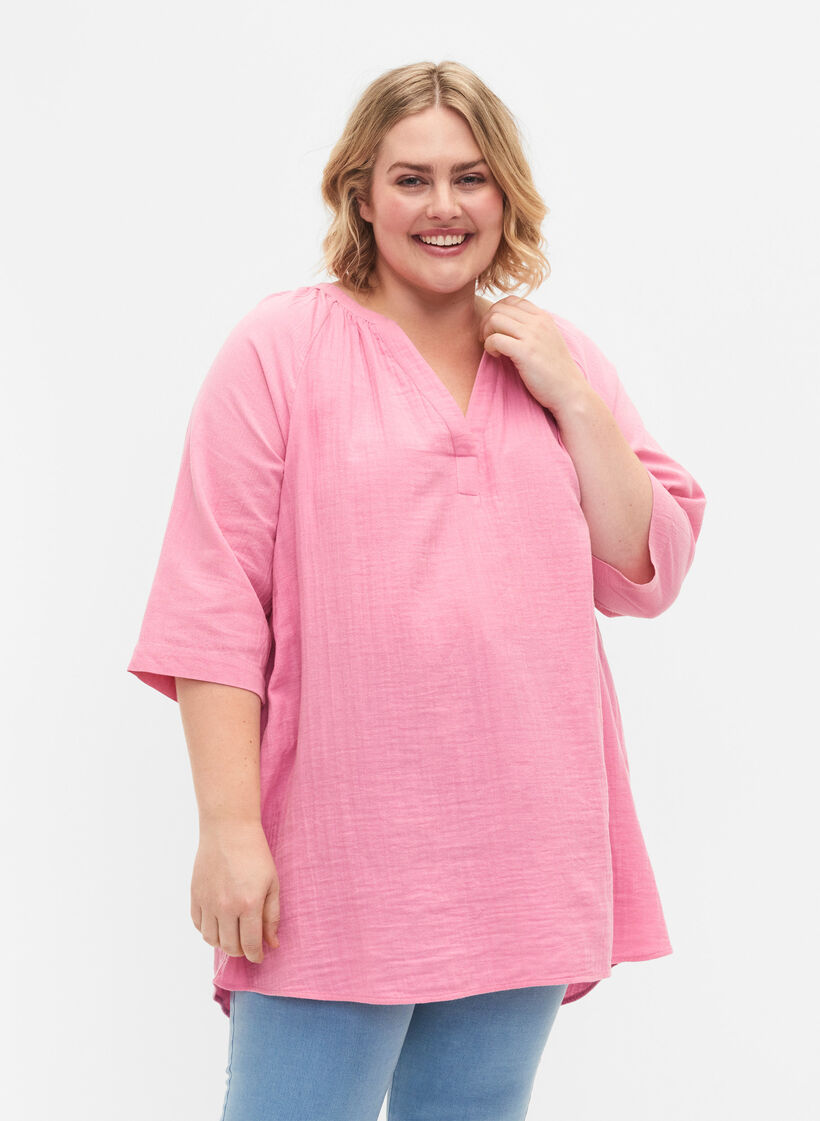 3/4 sleeve tunic in cotton, Rosebloom, Model image number 0