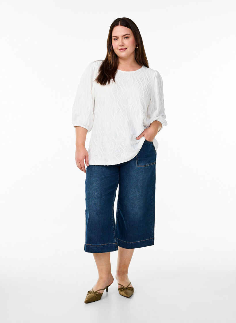 Blouse with texture and 3/4 sleeves, White, Model image number 1