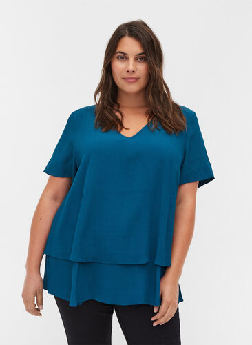 Viscose blouse with 2/4 sleeves and pleat, Moroccan Blue, Model image number 0