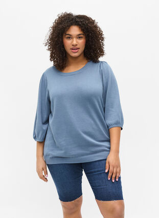 Knit blouse with 3/4-sleeves, Blue Shadow Mel, Model image number 0