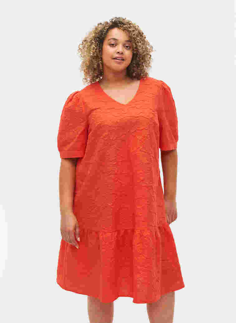 Textured dress with short puff sleeves, Mandarin Red, Model image number 0