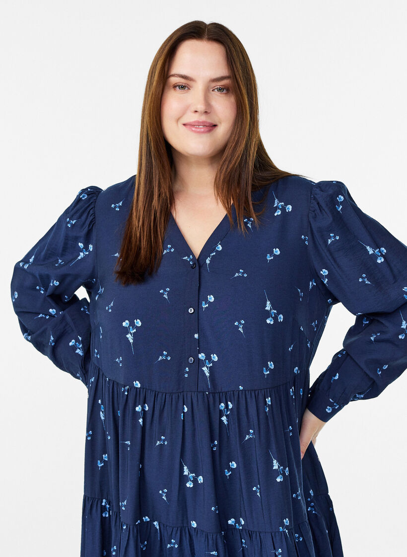 Midi dress with v-neck and A-line shape, Blue, Model image number 2