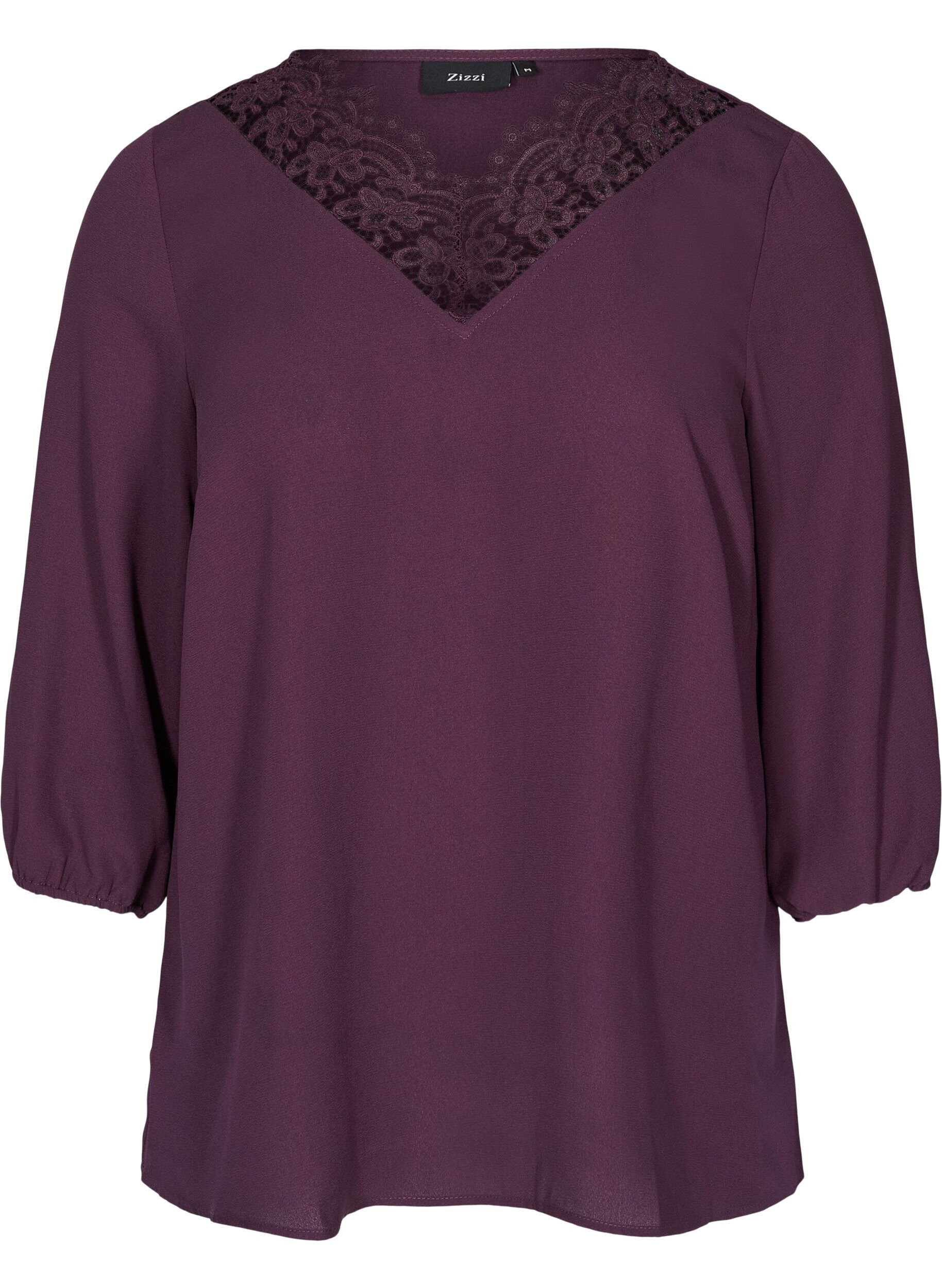 Zizzifashion Solid-coloured 3/4 sleeve blouse with lace, Plum Perfect, Packshot image number 0