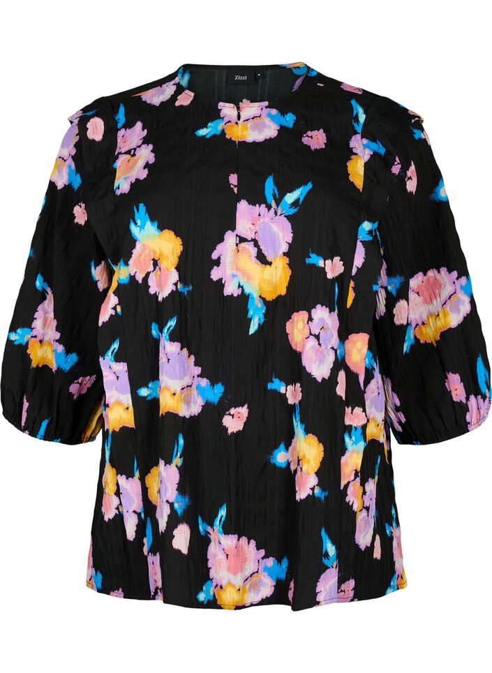 Floral blouse with round neck and zip, Black, Packshot image number 0